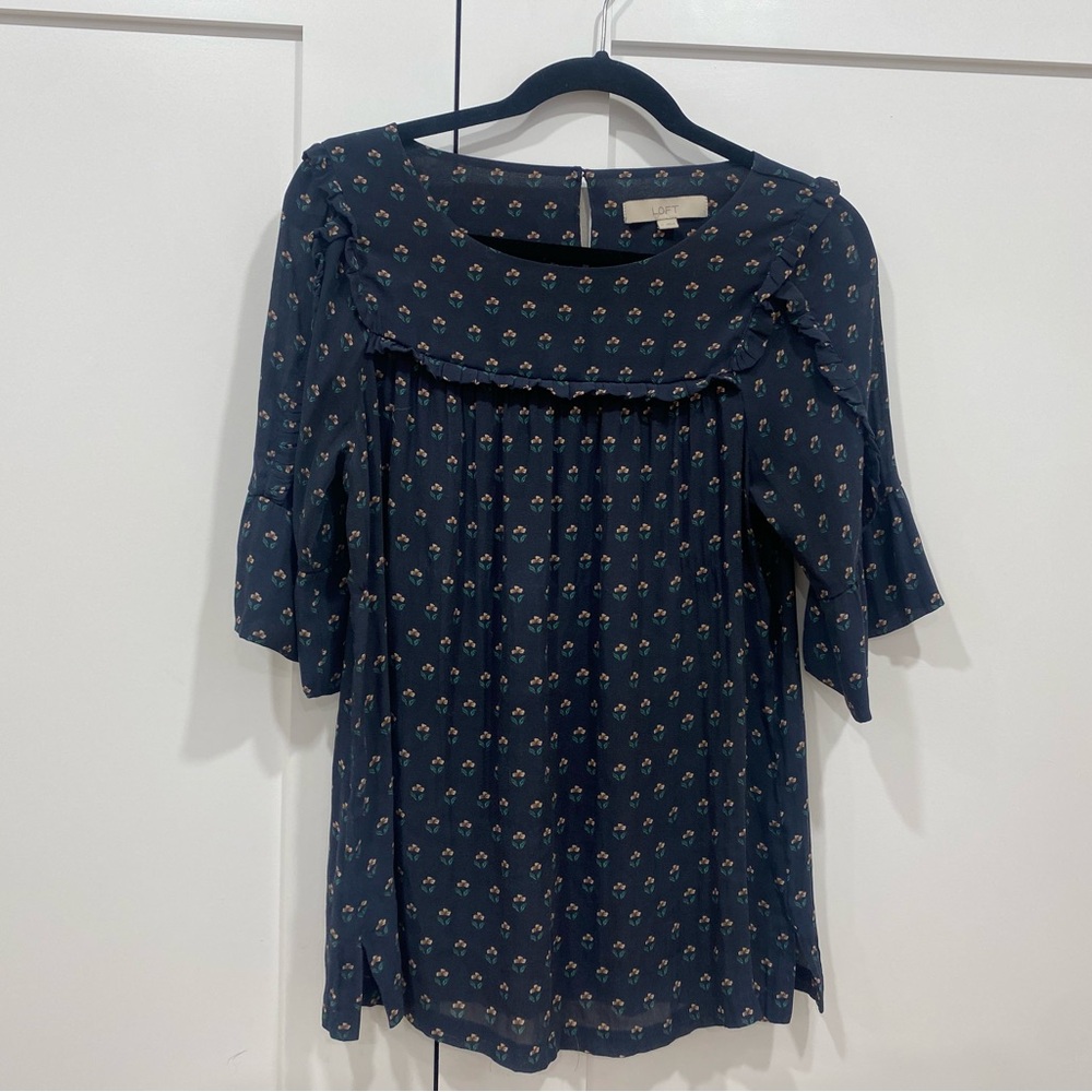 LOFT Floral Blouse Navy Boho Style Size M